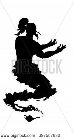 Arabic Genie Lamp Black Silhouette Isolated On White Background. Outline Of Figure Of Hero Of Easter