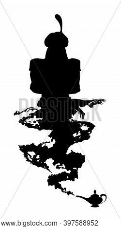 Arabic Genie Lamp Black Silhouette Isolated On White Background. Outline Of Figure Of Hero Of Easter