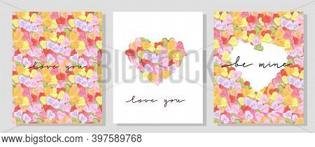 Vector Set Of Valentine Day Postcards With Hand Lettering And Vivid Colored Candy Hearts. Conversati