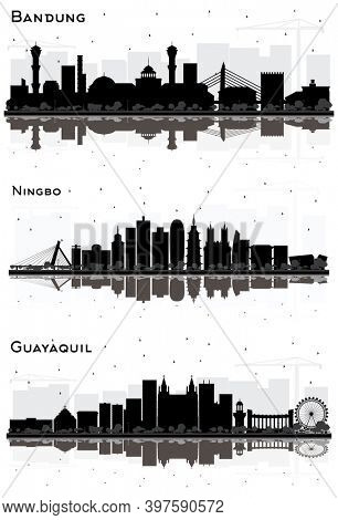 Ningbo China, Guayaquil Ecuador and Bandung Indonesia City Skyline Silhouette Set with Black Buildings and Reflections Isolated on White.
