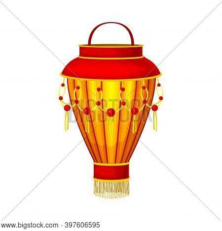 Golden Chinese Lantern Made Of Paper Or Silk With Candle Inside Vector Illustration