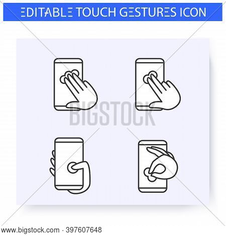 Tap Hand Gestures Line Icons Set. Single And Double Touch, Pinch, Thumb Touch. Multitouch Gestures F