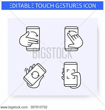 Tap Hand Gestures Line Icons Set. Flick Left And Right, Rotate, Camera Focusing.multitouch Gestures 