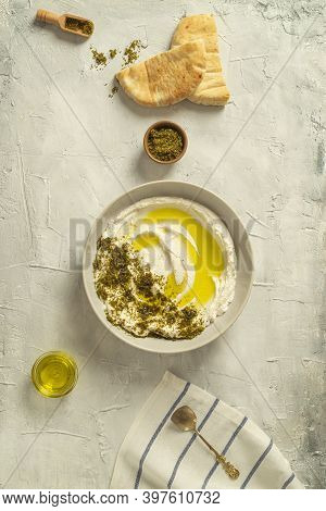 Popular Middle Eastern Appetizer Labneh Or Labaneh, Soft White Goat Milk Cheese With Olive Oil, Hyss