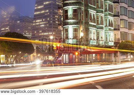San Francisco, California, United States - March 21, 2012: Light Trails On Kearny Street And Columbu