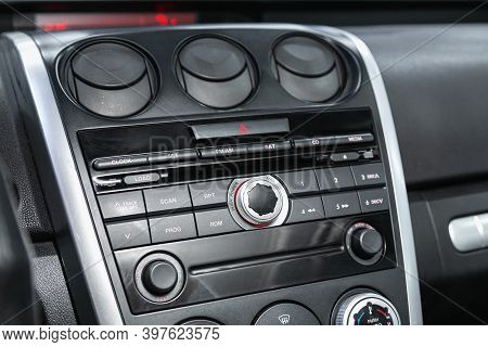 Novosibirsk, Russia - November 26, 2020: Mazda Cx7, A Close Up On A Black Panel With Radio,  Player 