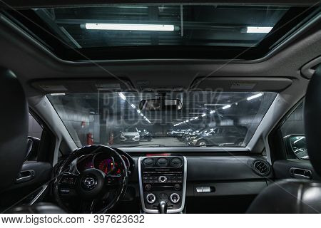 Novosibirsk, Russia - November 26, 2020: Mazda Cx7, Car Interior. Rear View Of The Windshield, Hatch