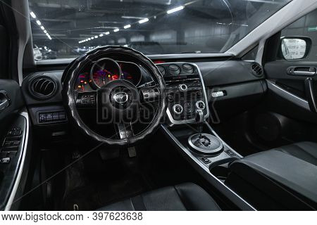 Novosibirsk, Russia - November 26, 2020: Mazda Cx7, Steering Wheel, Shift Lever, Multimedia  Systeme