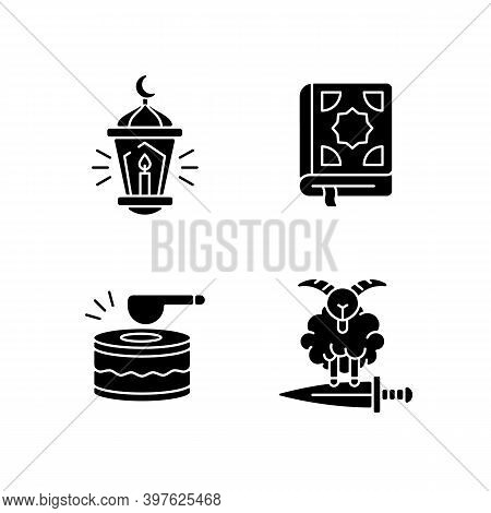 Religious Muslim Atributes Black Glyph Icons Set On White Space. Holy Word Of God Called Quran. Spec