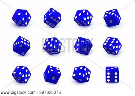 Blue Dice Cubes For Gambling Set. Casino Craps And Playing Games Vector Illustration. Poker Cubes Ro