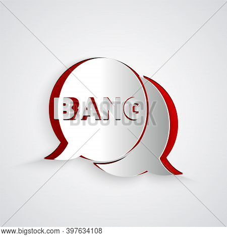 Paper Cut Bang Boom, Gun Comic Text Speech Bubble Balloon Icon Isolated On Grey Background. Paper Ar