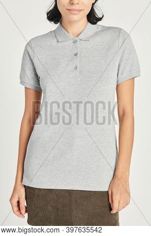 Woman wearing a gray collared shirt mockup