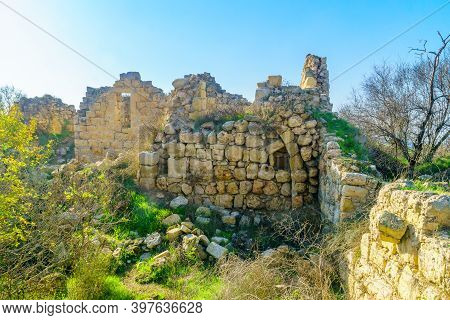 View Of Ancient Ruins In The Archaeological Site Tel Tzuba, With Remains Of A Prominent Dome, An Ara