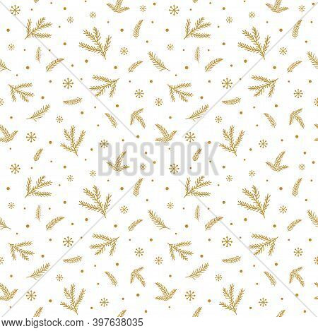 Gold Floral Chrisrmas Pattern. Gold Fir Branches Background. Golden Winter Forest Texture. Winter Ho