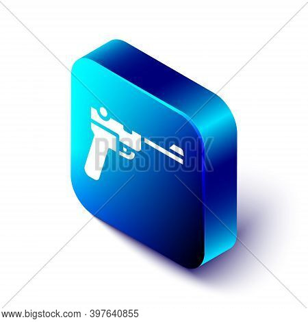 Isometric Mauser Gun Icon Isolated On White Background. Mauser C96 Is A Semi-automatic Pistol. Blue 