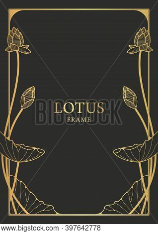 Card Template Decorated With Golden Lotus Flowers. Gold Frame Decorated With Flowers And Leaves. Vec