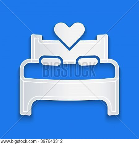 Paper Cut Bedroom Icon Isolated On Blue Background. Wedding, Love, Marriage Symbol. Bedroom Creative
