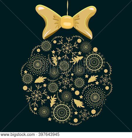 Christmas Golden Ornament Hanging Isolated On Dark Background. Creative Christmas Ball With Snowflak