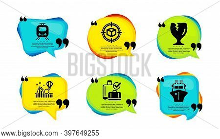 Train, Baggage Reclaim And Parcel Tracking Icons Simple Set. Speech Bubble With Quotes. Roller Coast