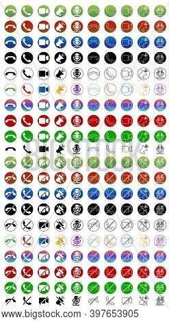 Set Of 200 Communication Icons Button. Phone, Sound, Microphone, Camera, Call Symbols On Isolated Wh