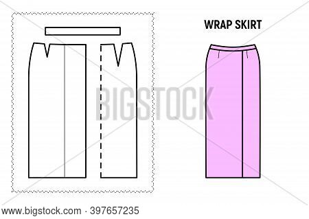Women Wrap Midi Or Maxi Skirt Pattern. Technical Drawing For Sewing. Vector Illustration.