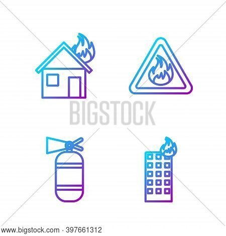 Set Line Fire In Burning Building, Fire Extinguisher, Fire In Burning House And Fire Flame In Triang