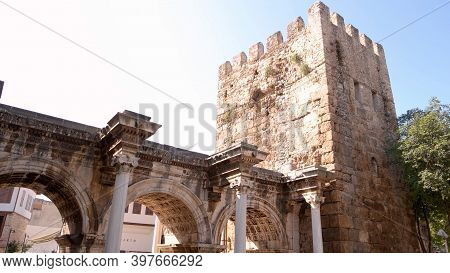 Ancient Architecture At Antalya, Turkey. Hadrians Gate In Old Town Kaleici In Antalya, Turkey.