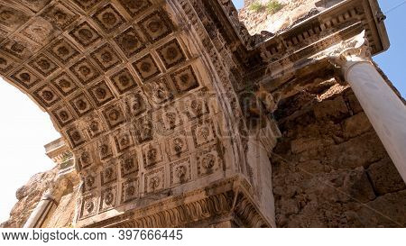 Triumphal Arch, Hadrians Gate, Turkey, Antalya. Detailed View Of Hadrians Gate In Old City Of Antaly
