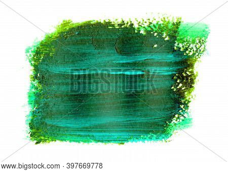Green Brushstroke With Blue Flecks And Texture. Grunge Abstract Hand-painted Element.