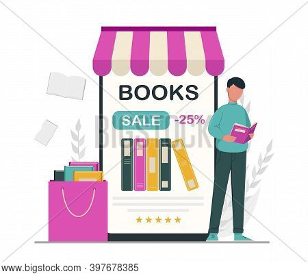 Book Lover, Reading, Library Concept. Faceless Cartoon Character Man Making Order In Book Store. Sto
