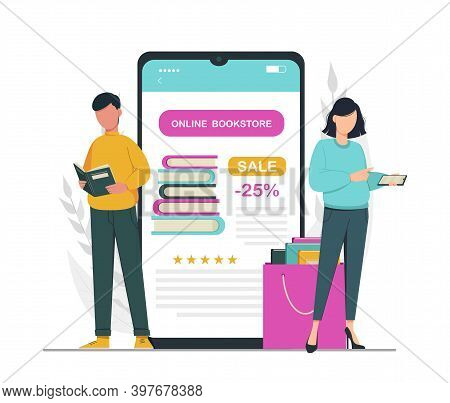 Book Lover, Reading, Library Concept. Faceless Cartoon Characters Man Woman Making Order In Book Sto