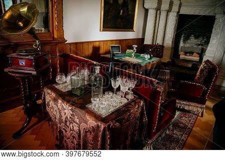Radun Castle Interior, Neo-classical Chateau, Library And Bookshelves, Table With Tablecloth, Glasse