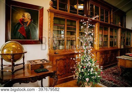 Radun Castle Interior, Neo-classical Chateau, Library And Bookshelves, Wooden Globe And Man Portrait