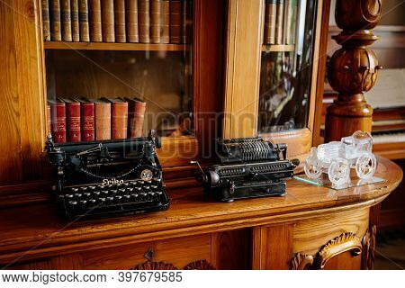 Radun Castle Interior, Neo-classical Chateau, Library And Bookshelves, Typewriter, Baroque And Rococ
