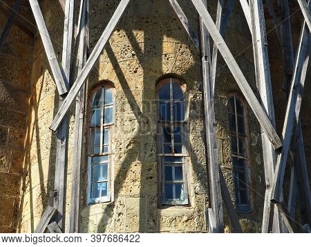 Old And Ancient Architecture Of Abkhazia. Beautiful And Ancient Architecture Against The Background 