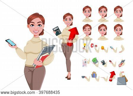 Stock Vector. Young Beautiful Business Woman. Pretty Businesswoman Cartoon Character In Flat Style, 