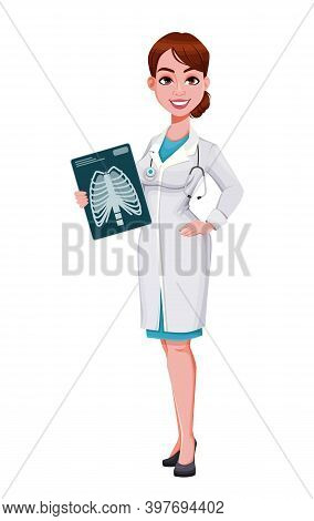 Stock Vector Cheerful Doctor Cartoon Character. Beautiful Young Woman Doctor Holding X-ray Image. Ve