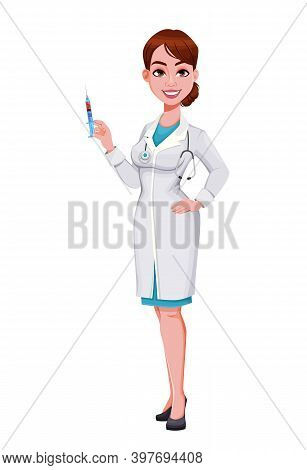 Stock Vector Cheerful Doctor Cartoon Character. Beautiful Young Woman Doctor Holding Syringe With Va