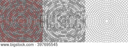 Vector Set Of Seamless Round Pavement Textures Of Street Tiles. Circle Repeating Patterns Of Radial 