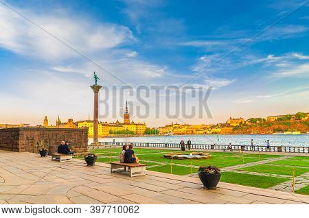 Sweden, Stockholm, May 29, 2018: View Of Monument Engelbrekt And People Sitting Near Stockholm City 