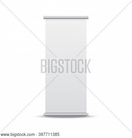 Roll Up Banner. Vertical Stand Mockup On White Backdrop. Template For Presentation Or Exhibition. Bl