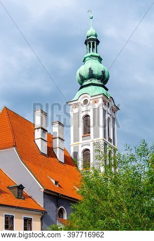 Bell Tower Of Former St. Jodock Church, Kostel Svateho Josta, In Cesky Krumlov, Czech Republic