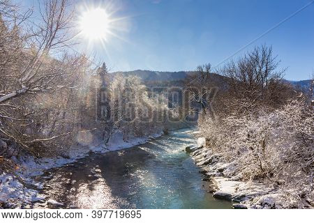 Beautiful Sunny Winter Landscape At Caucasus Mountains.