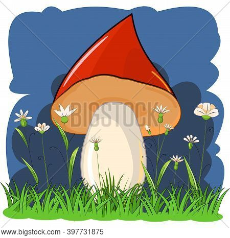 Red Mushroom On The Background Of A Night Flowering Meadow. Cartoon Flat Style. Landskape Wildflower