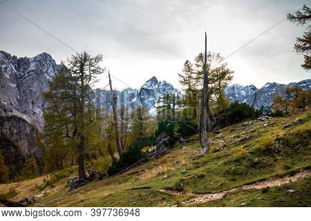 Beautiful Autumn For Hike In The Mountains. Triglav National Park In Kranjska Gora, Slovenia.