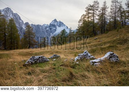 Beautiful Autumn For Hike In The Mountains. Triglav National Park In Kranjska Gora, Slovenia.