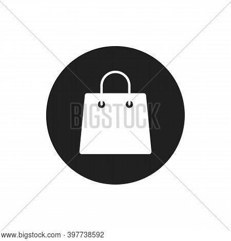 White Paper Gift Bag Flat Vector Icon Isolated On Black Circle As Buy Symbol For Online Retail Shop.