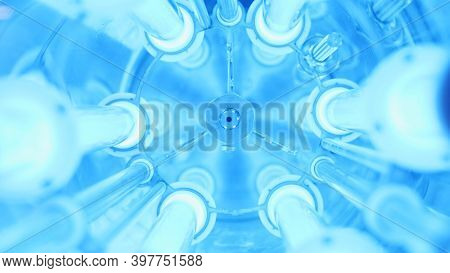 Alien Spaceship Interior With Blue Background. Media. Close Up Of Led Lights Of The Corridor Inside 