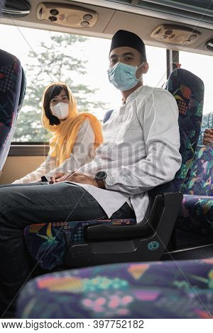 Muslim Couple Wear Mask Travel By Bus During Eid Mubarak Holiday