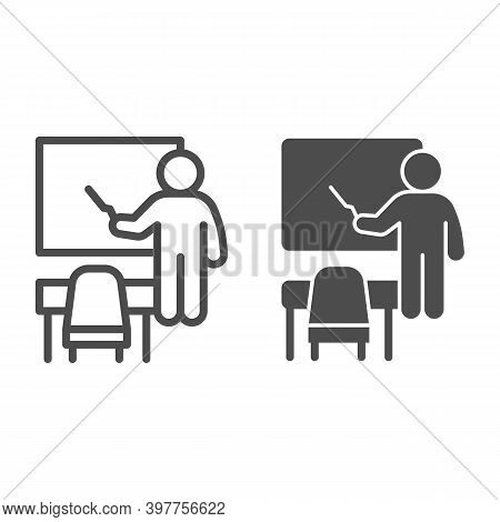 Teacher Near Blackboard And Desk Line And Solid Icon, School Concept, Teacher With Pointer And Board